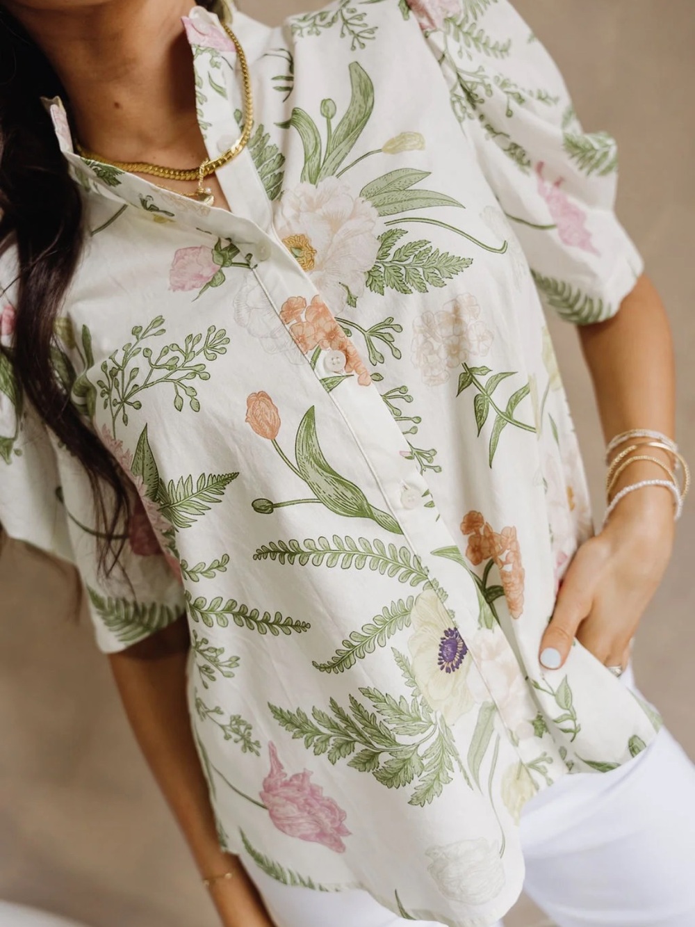 Entro Floral Ruffle Neck Button Up Blouse Puff Sleeve Cottagecore